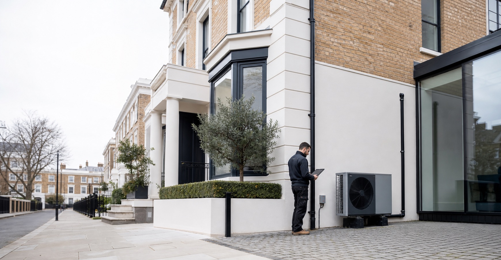 Contemporary London house exterior with an engineer reviewing an air source heat pump installation